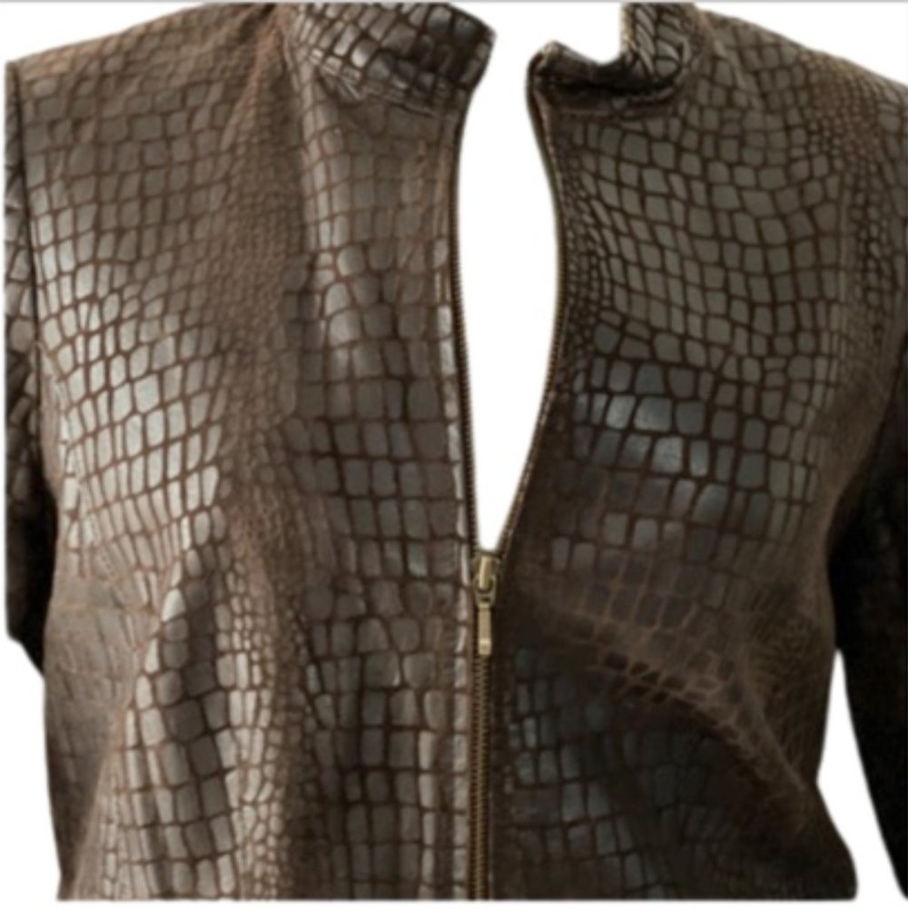 Alfani Brown Crocodile Leather Jacket Blazer - Picture 2 of 3